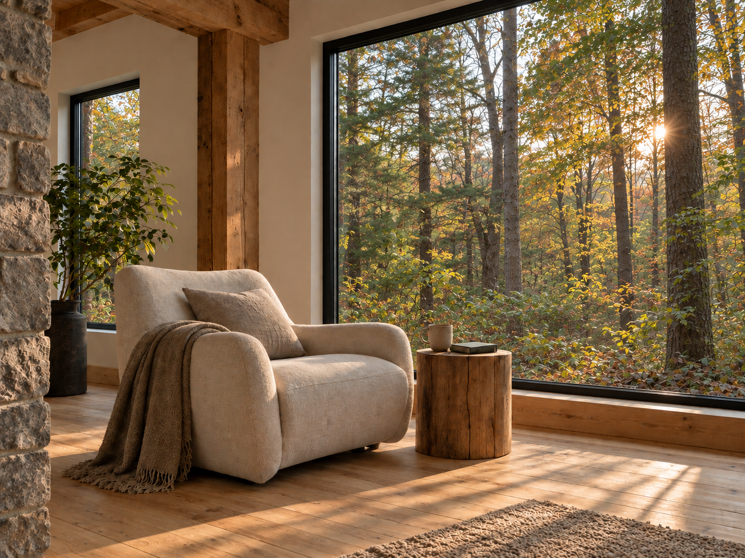 A cream reading chair and timber side table beside a large window overlooking the woods